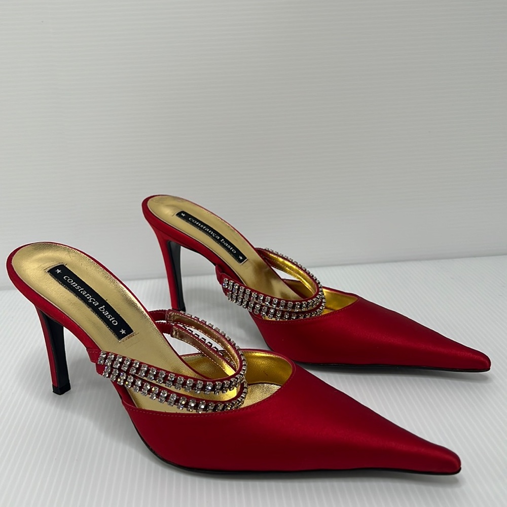 Constanca Basto Red Satin Mules Size 38 New in Box